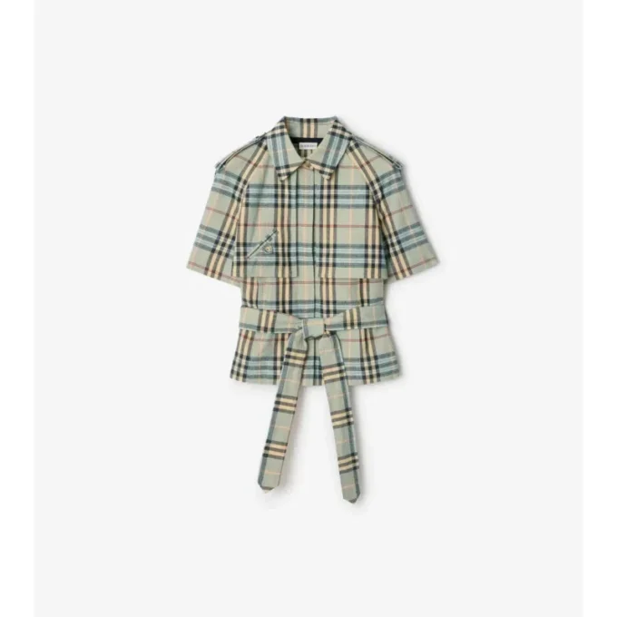 Cropped Check Linen Wool Trench Shirt