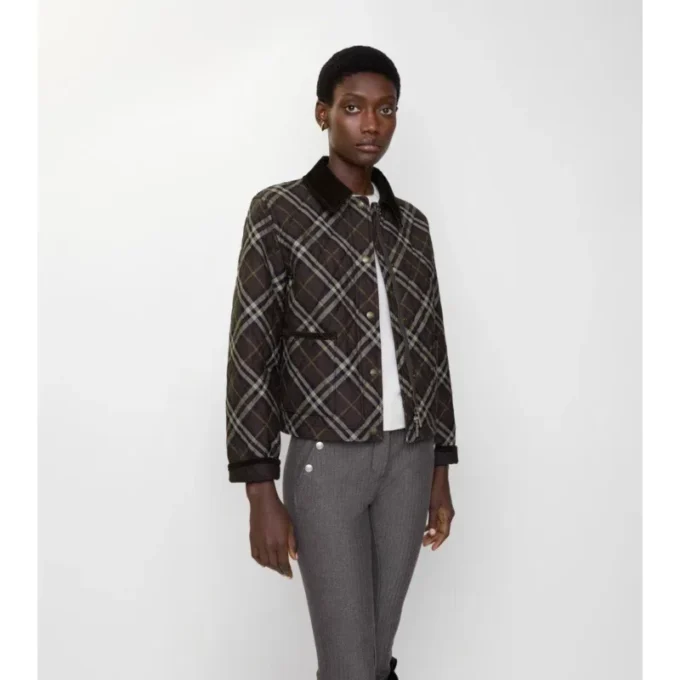 Cropped Check Quilted Cotton Jacket