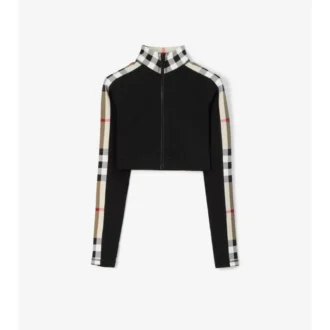 Cropped Check Trim Stretch Jersey Zip Top