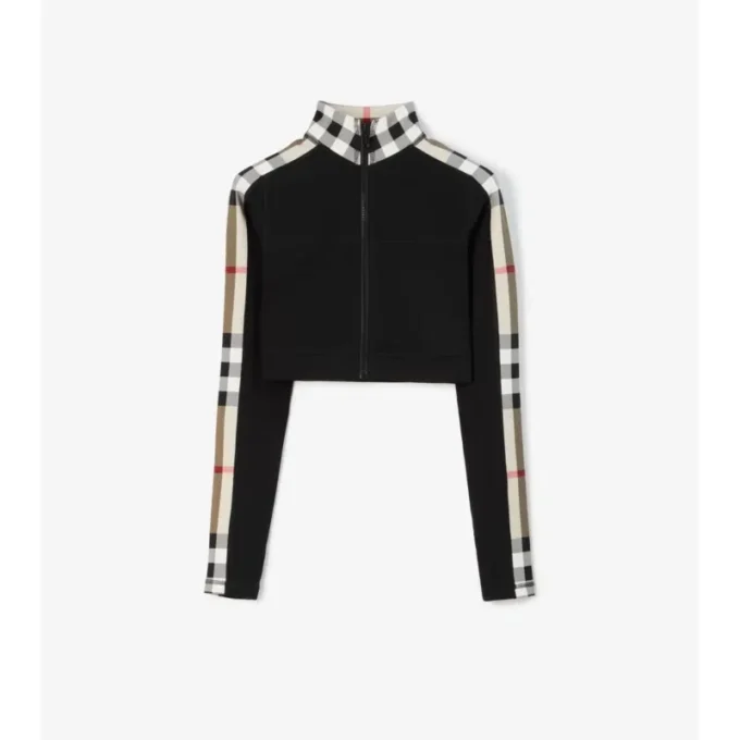 Cropped Check Trim Stretch Jersey Zip Top