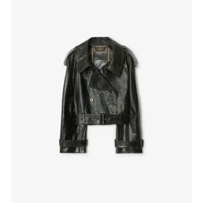 Cropped Embossed Leather Trench Jacket