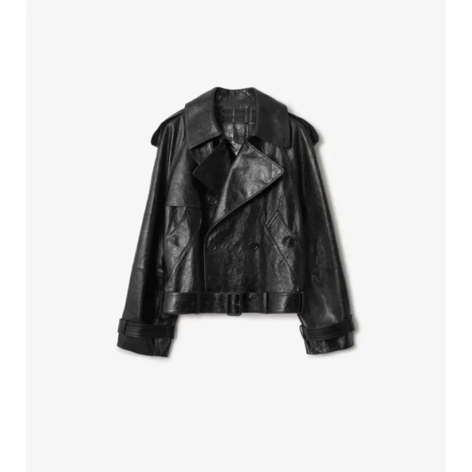 Cropped Embossed Leather Trench Jacket