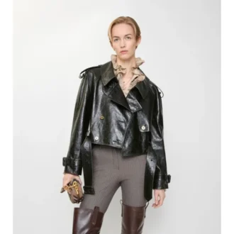 Cropped Embossed Leather Trench Jacket