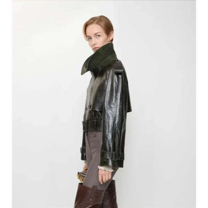 Cropped Embossed Leather Trench Jacket