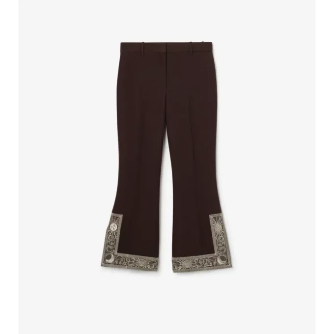 Cropped Embroidered Wool Silk Flared Trousers