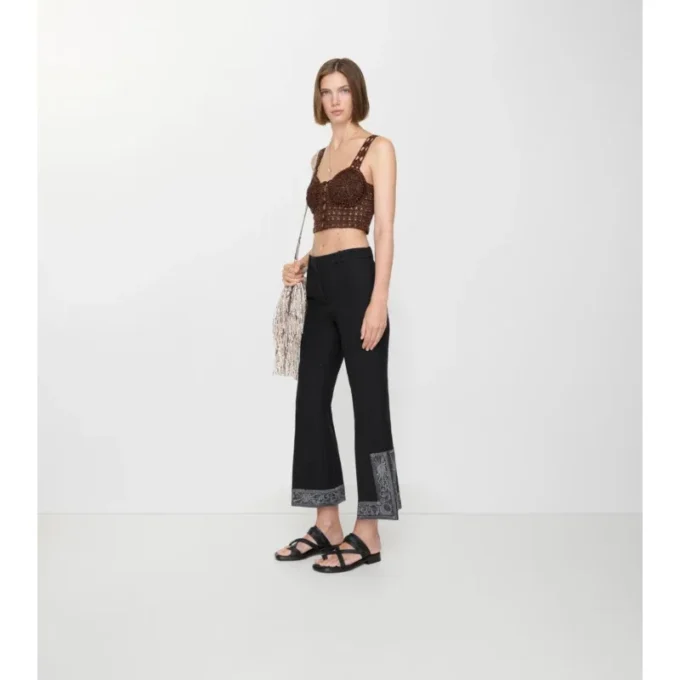 Cropped Embroidered Wool Silk Flared Trousers