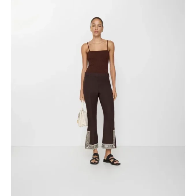 Cropped Embroidered Wool Silk Flared Trousers