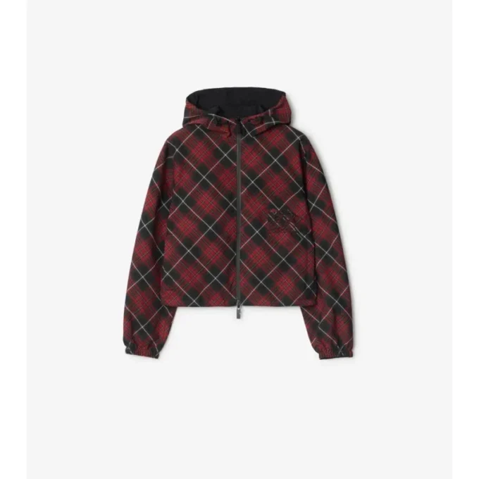 Cropped Reversible Check Hooded Jacket