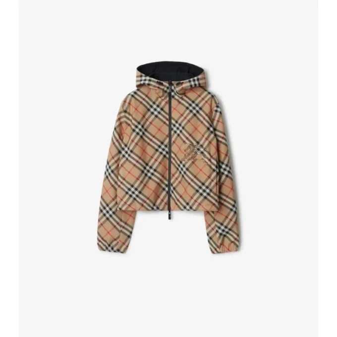 Cropped Reversible Check Hooded Jacket