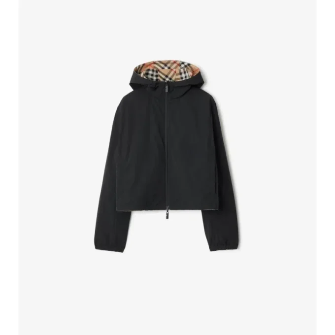 Cropped Reversible Check Hooded Jacket