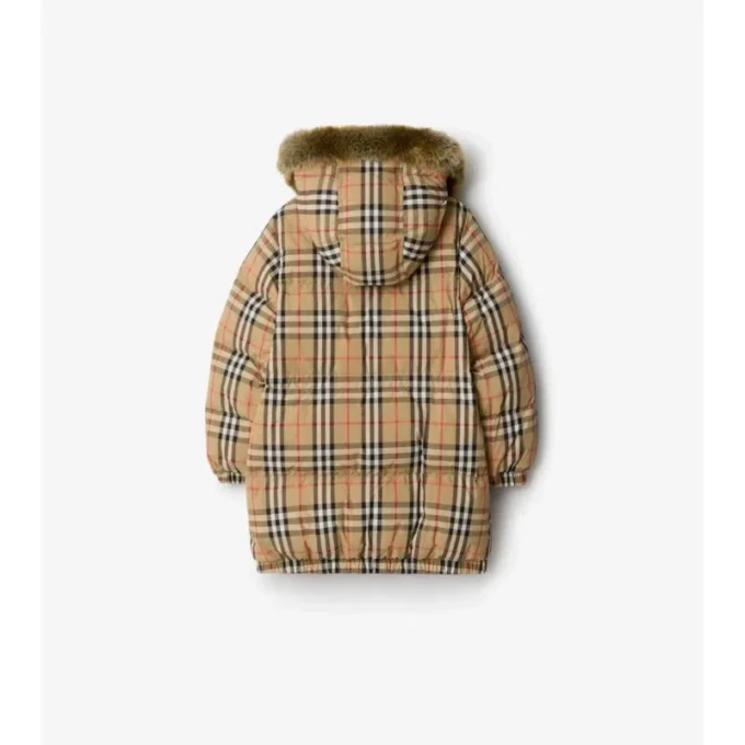 Faux Fur Trim Check Nylon Puffer Coat