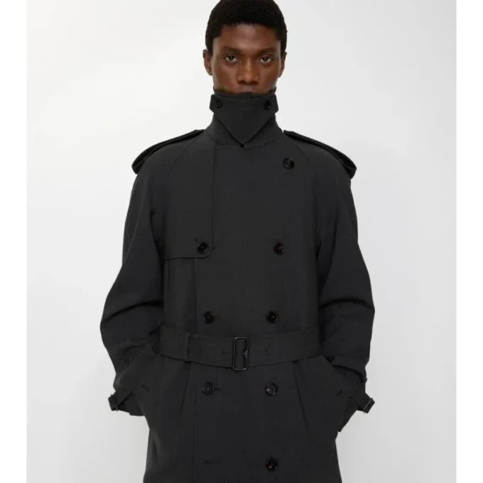 Long Bonded Stretch Wool Trench Coat