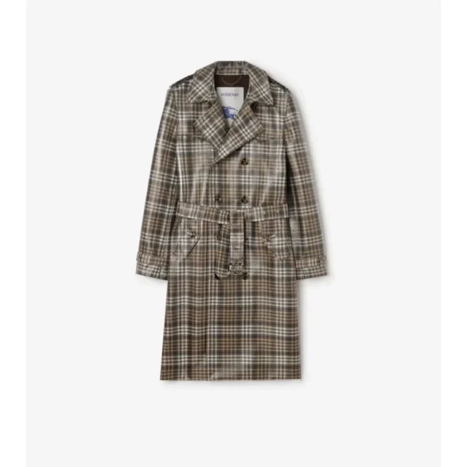 Long Check Coated Raffia-Effect Foxfield Trench Coat