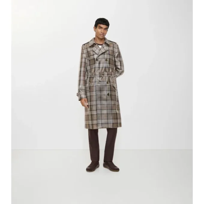 Long Check Coated Raffia-Effect Foxfield Trench Coat