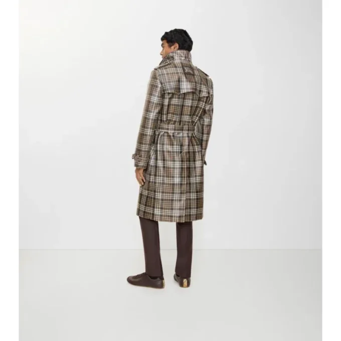 Long Check Coated Raffia-Effect Foxfield Trench Coat