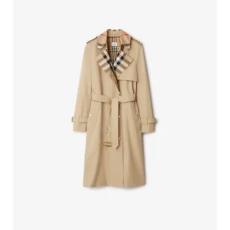 Long Check Collar Gabardine Trench Coat