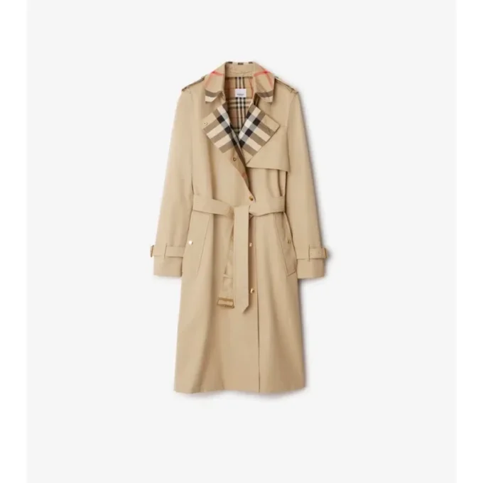 Long Check Collar Gabardine Trench Coat