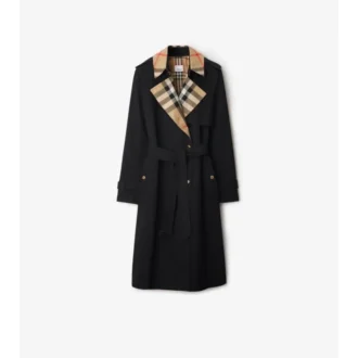 Long Check Collar Gabardine Trench Coat