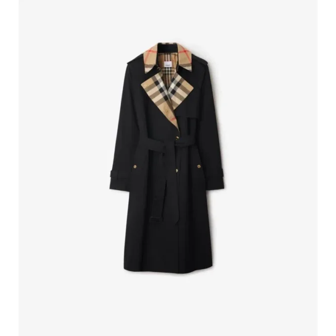 Long Check Collar Gabardine Trench Coat