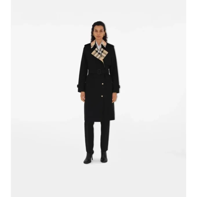 Long Check Collar Gabardine Trench Coat