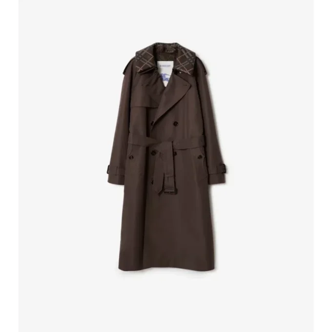 Long Check Collar Silk Cotton Trench Coat