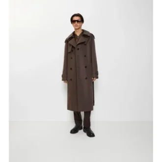Long Check Collar Silk Cotton Trench Coat