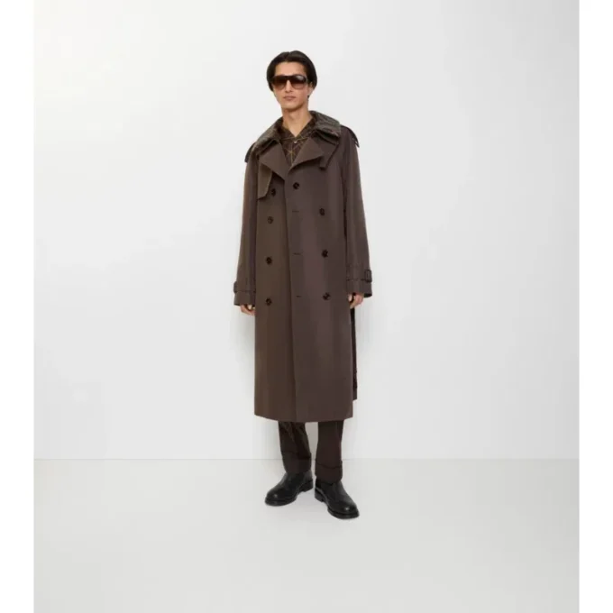 Long Check Collar Silk Cotton Trench Coat