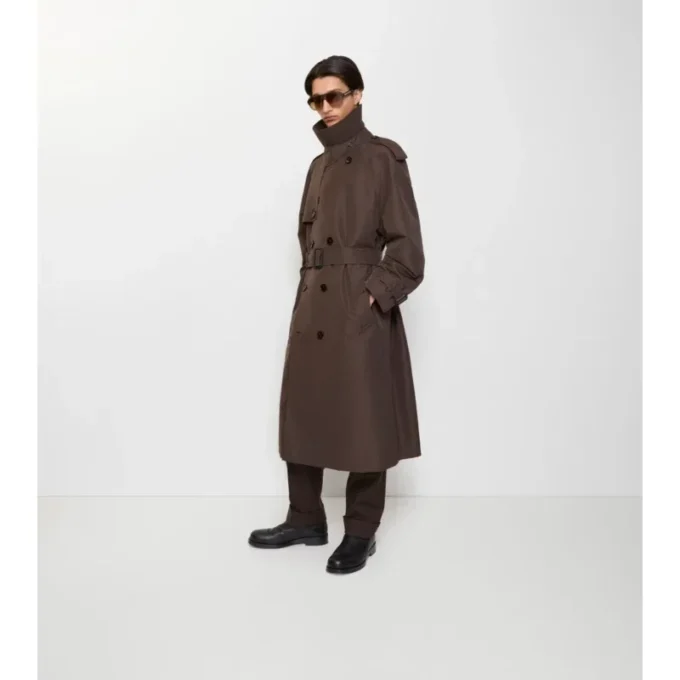 Long Check Collar Silk Cotton Trench Coat