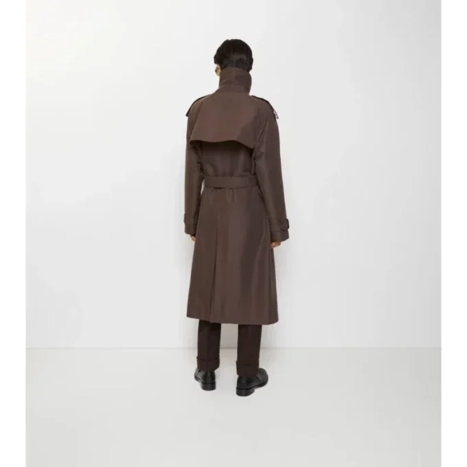 Long Check Collar Silk Cotton Trench Coat