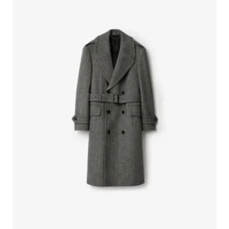 Long Herringbone Wool Trench Coat