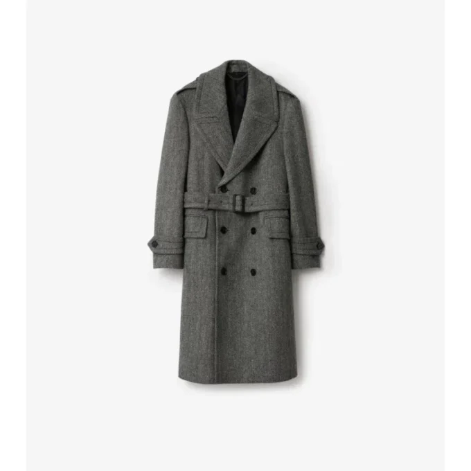 Long Herringbone Wool Trench Coat