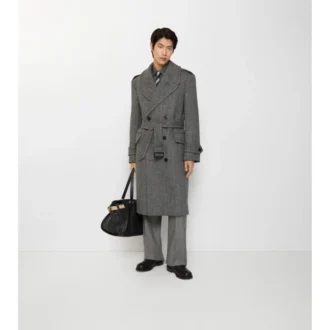 Long Herringbone Wool Trench Coat