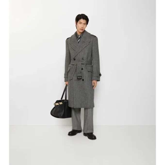 Long Herringbone Wool Trench Coat