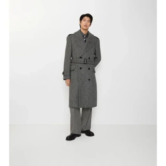Long Herringbone Wool Trench Coat
