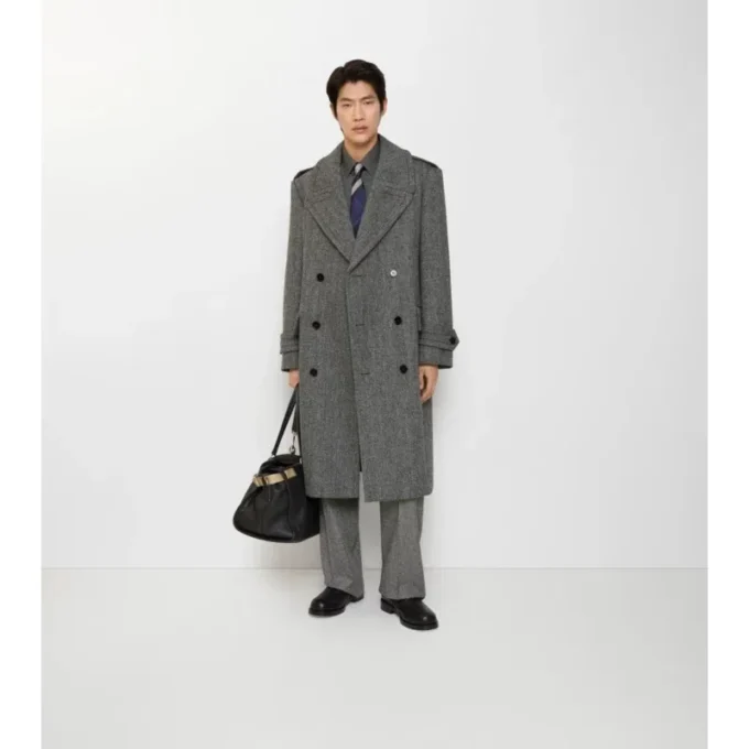 Long Herringbone Wool Trench Coat