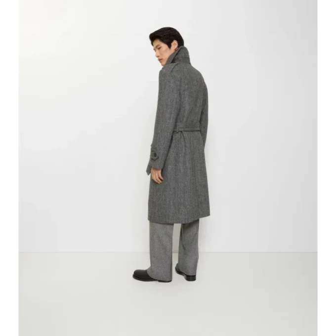 Long Herringbone Wool Trench Coat