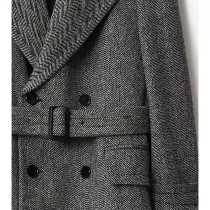 Long Herringbone Wool Trench Coat