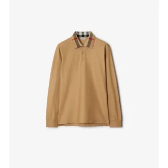 Long-Sleeve Check Collar Cotton Polo Shirt