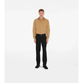 Long-Sleeve Check Collar Cotton Polo Shirt