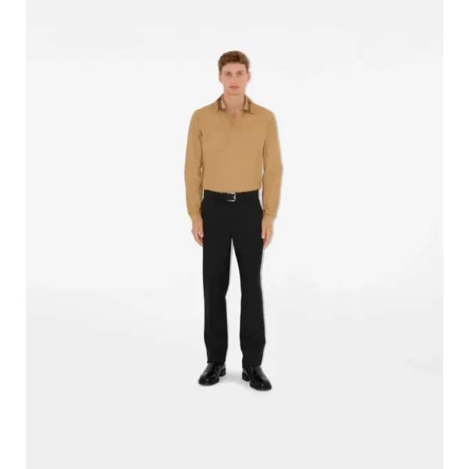 Long-Sleeve Check Collar Cotton Polo Shirt
