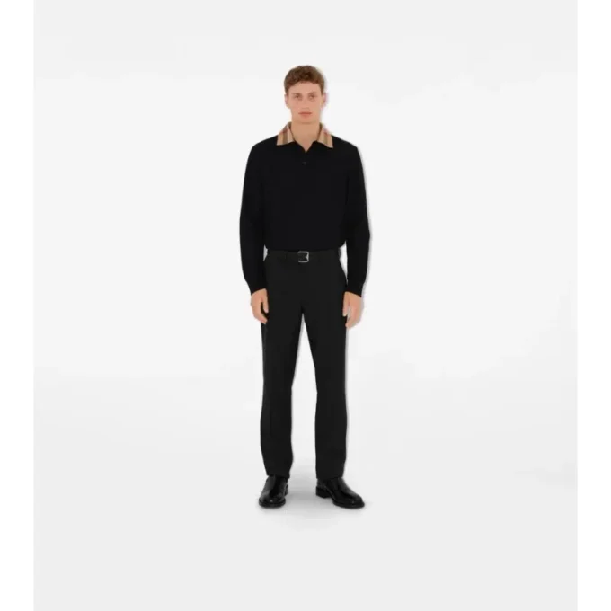 Long-Sleeve Check Collar Cotton Polo Shirt