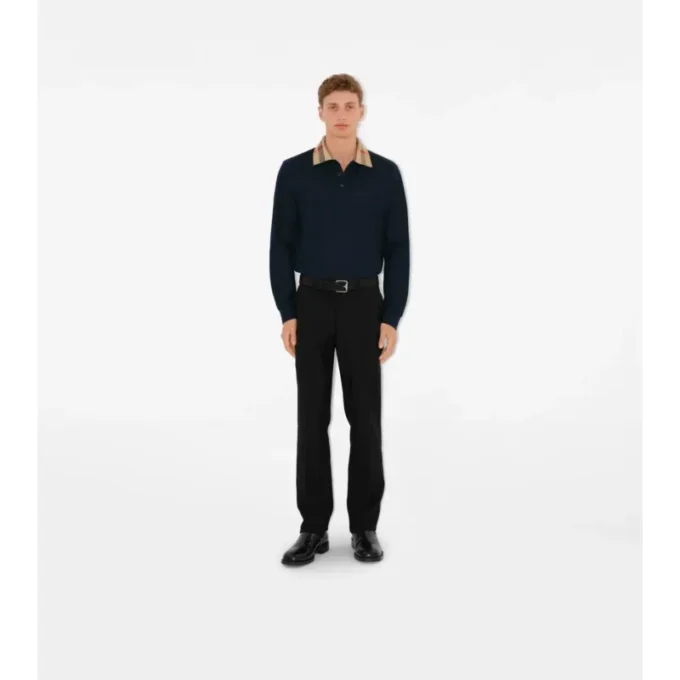 Long-Sleeve Check Collar Cotton Polo Shirt