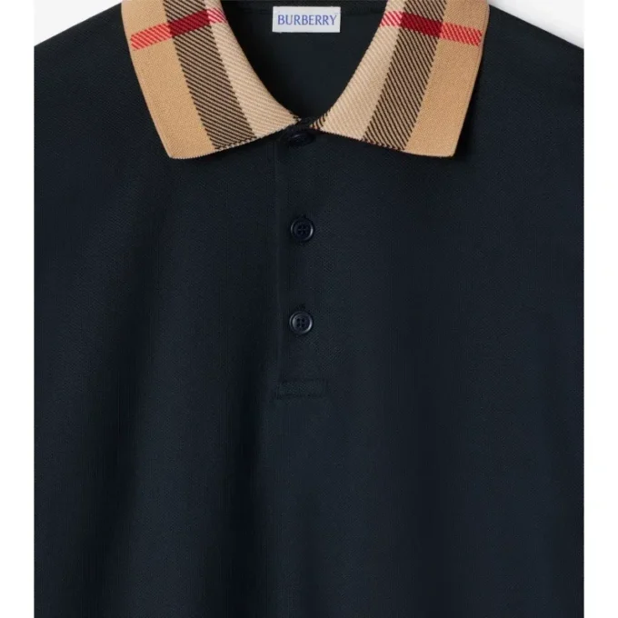 Long-Sleeve Check Collar Cotton Polo Shirt