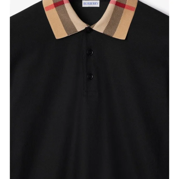 Long-Sleeve Check Collar Cotton Polo Shirt