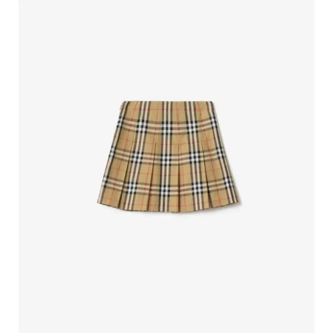 Pleated Check Cotton Twill Skirt