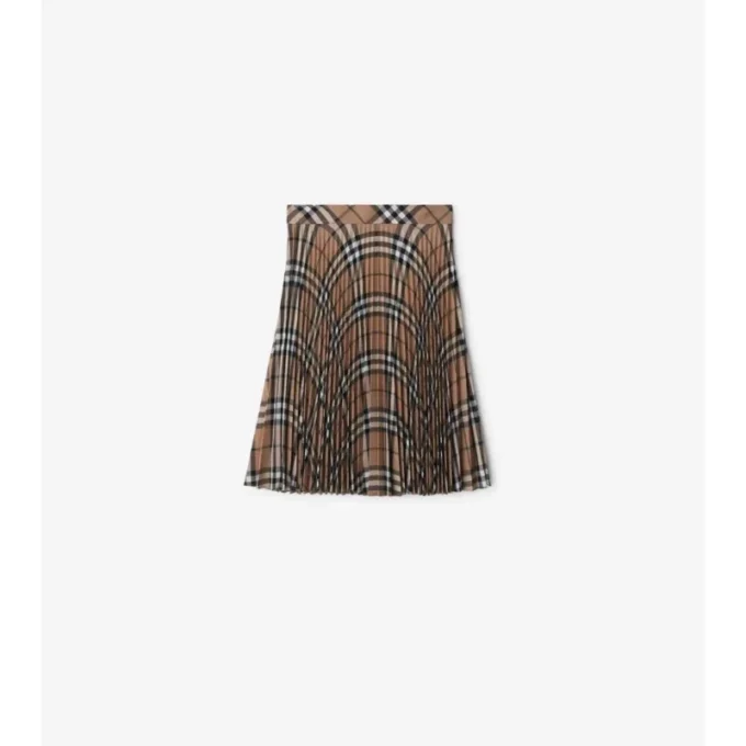 Pleated Check Wool Blend Skirt