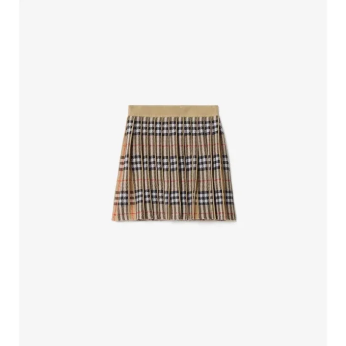 Pleated Check Wool Blend Skirt