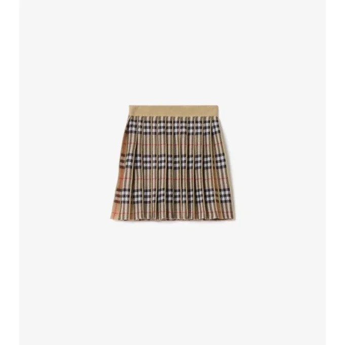 Pleated Check Wool Blend Skirt