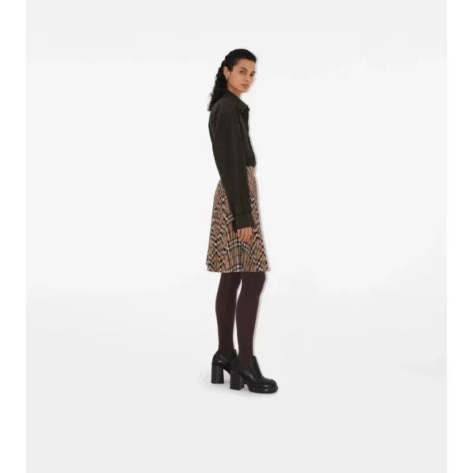Pleated Check Wool Blend Skirt