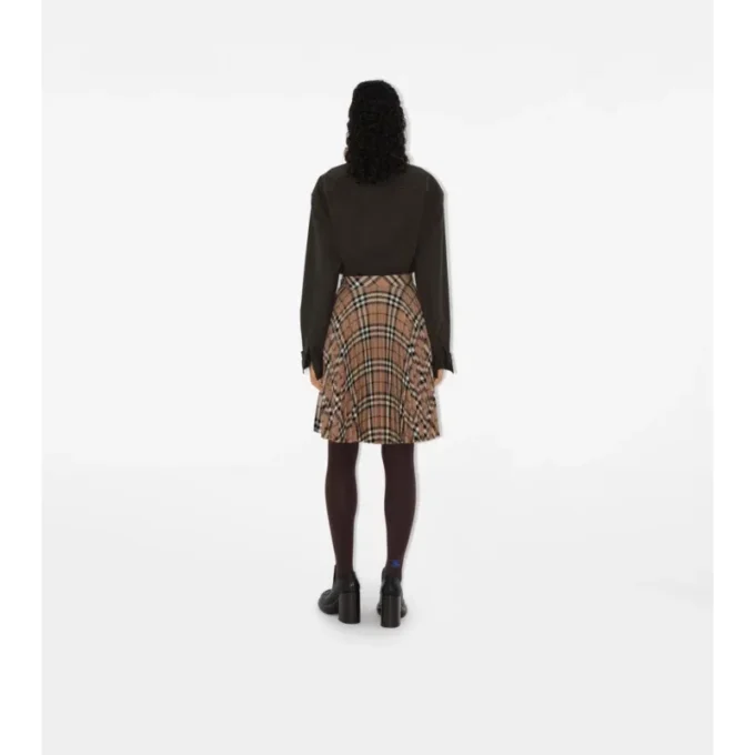 Pleated Check Wool Blend Skirt